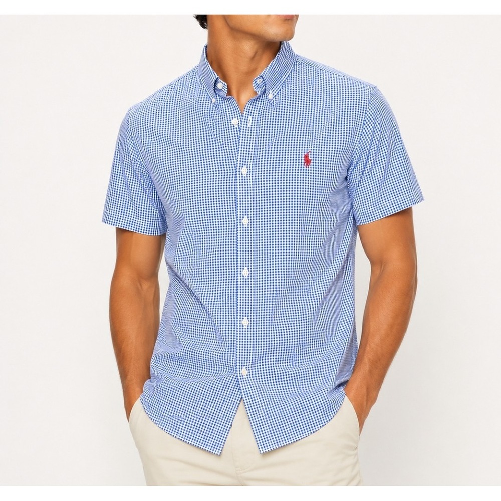 Ralph Lauren Button Down Mens XXL Blue Gingham Blake Short Sleeve Cotton Shirt